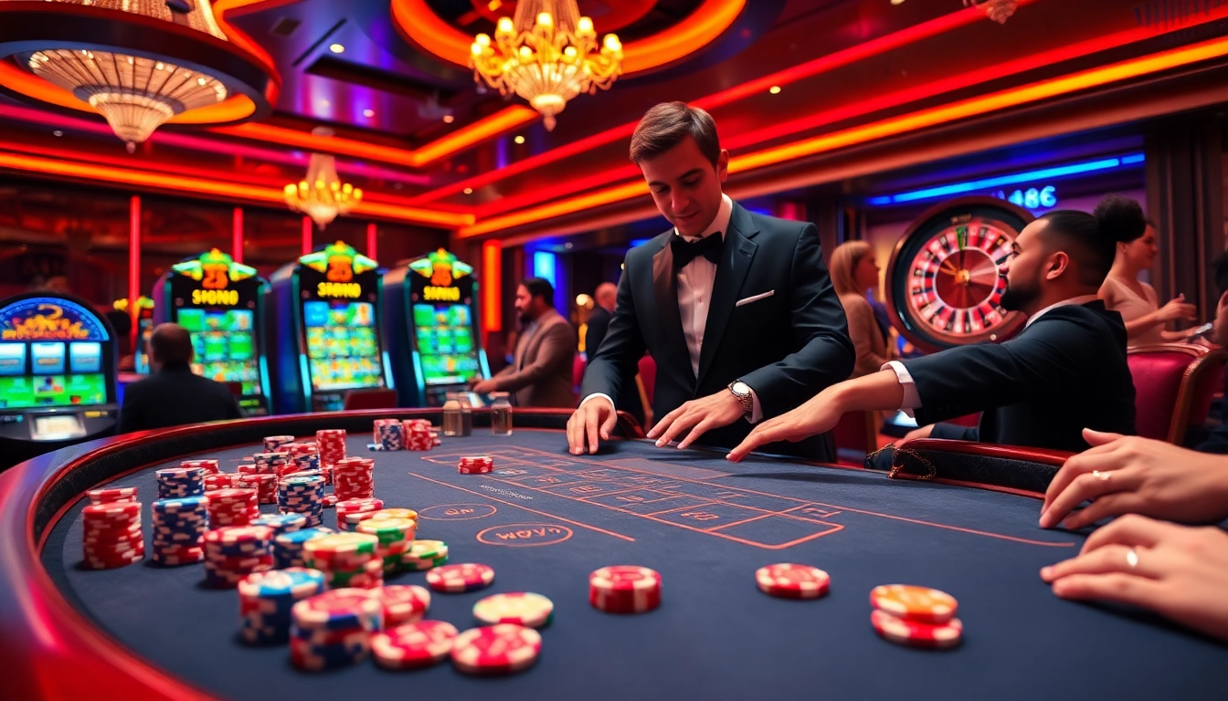 Players engaging at a glamorous casino table with poker chips, capturing the excitement of ww88 gaming.