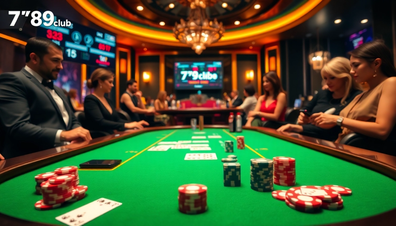 Casino players enjoy games at 789club with vibrant chips and cards in action.