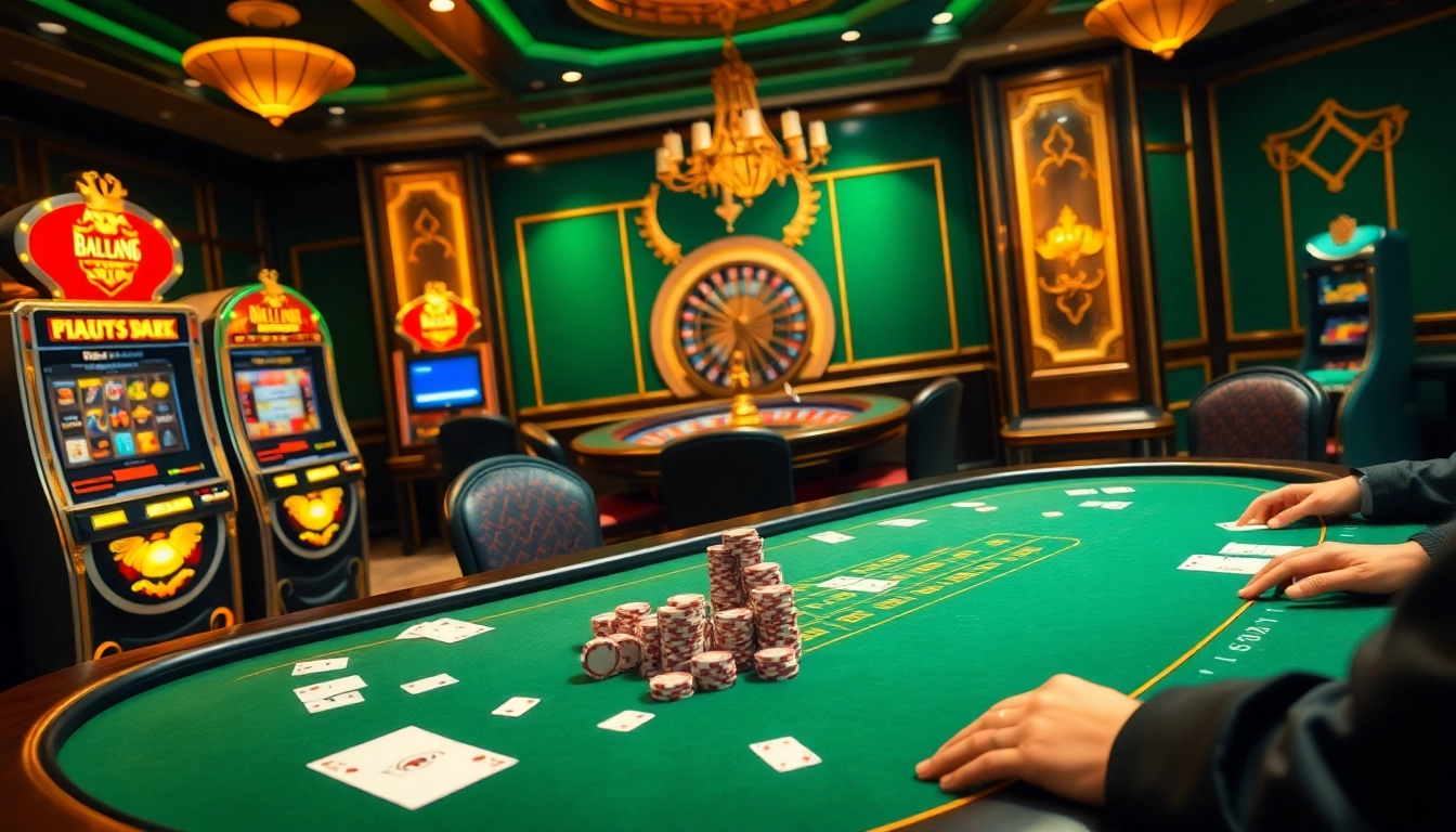 Dynamic kèo nhà cái action at a luxurious casino with poker tables and excited players.