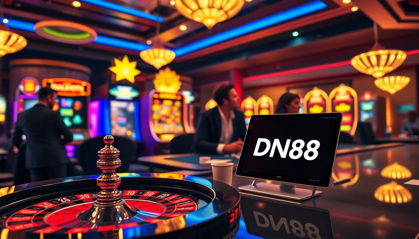 Experience thrilling gambling at https://dn88s.net/ with poker chips and roulette wheels in a vibrant casino scene.