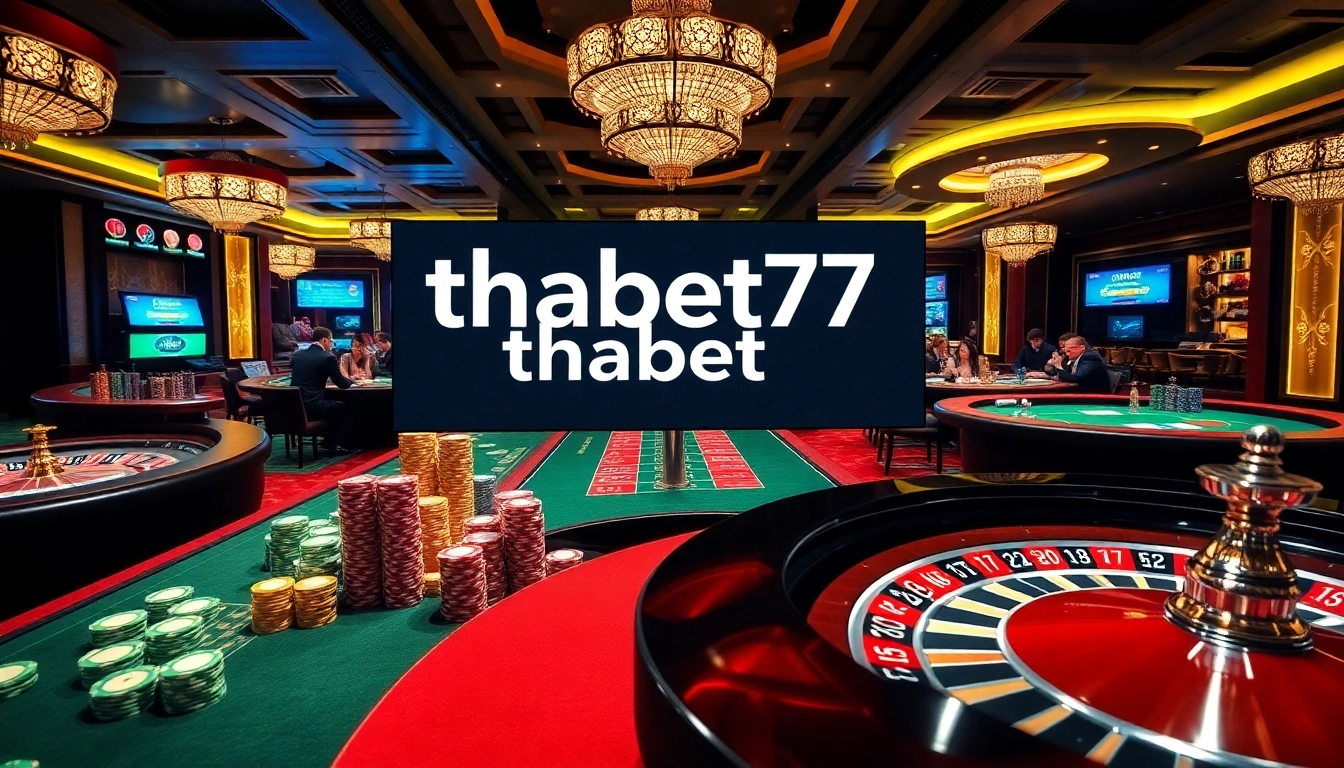 Exciting casino gaming experience at thabet77 with poker chips, cards, and a spinning roulette wheel.