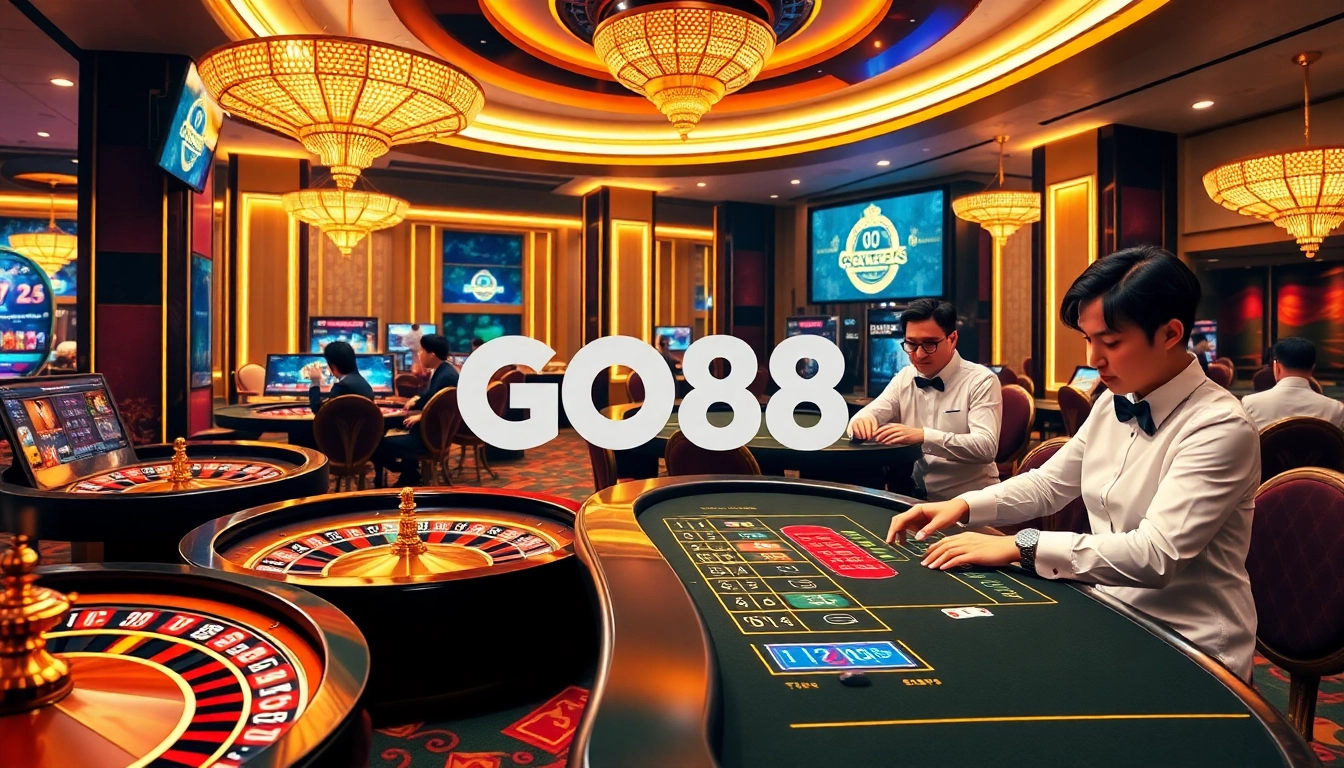 Players enjoying an exciting gambling experience at GO88 casino tables with vibrant colors and luxury elements.
