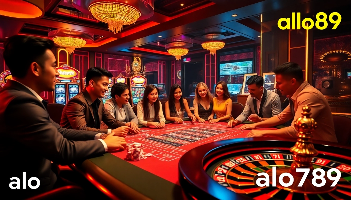 Alo789 players strategizing at a premium casino table, engaging with exciting slot machines and roulette.