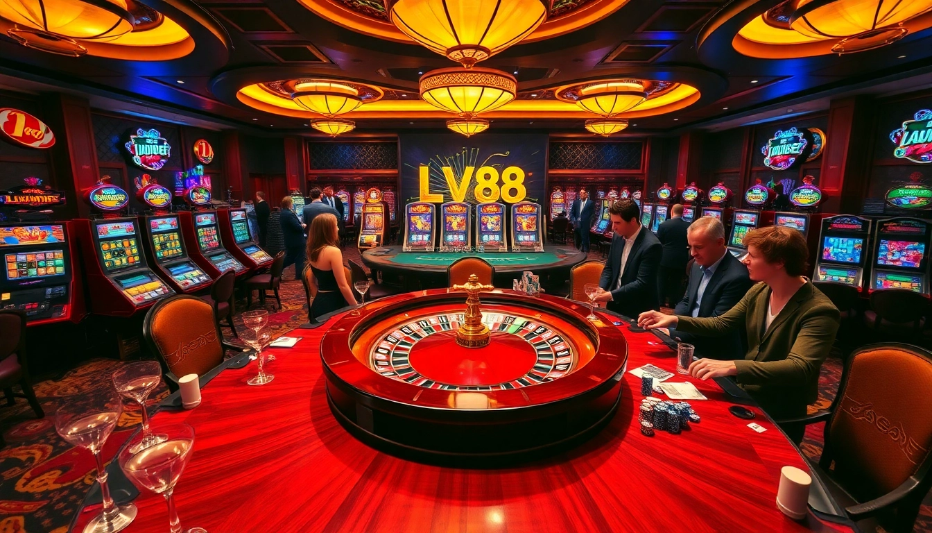Experience excitement at LV88 casino with players at roulette and vibrant slots.