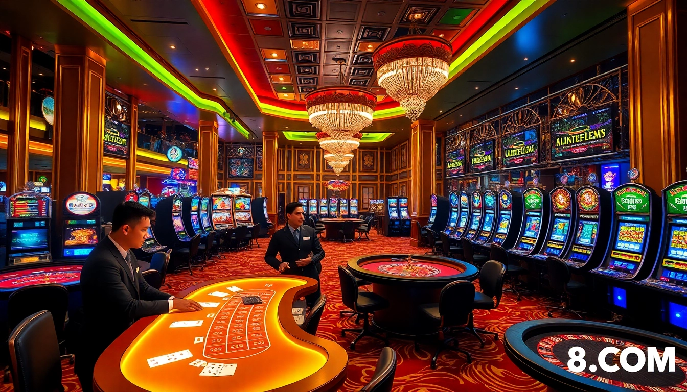 Exciting casino games at S8.COM, featuring vibrant tables, slot machines, and professional dealers.