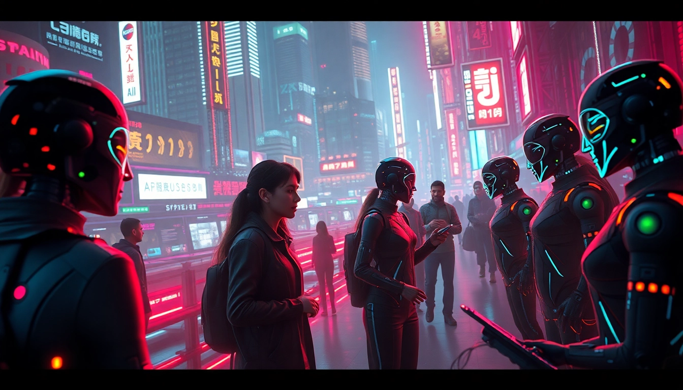 Spicy AI interactions showcased in a vibrant cyberpunk cityscape with glowing characters and tech.