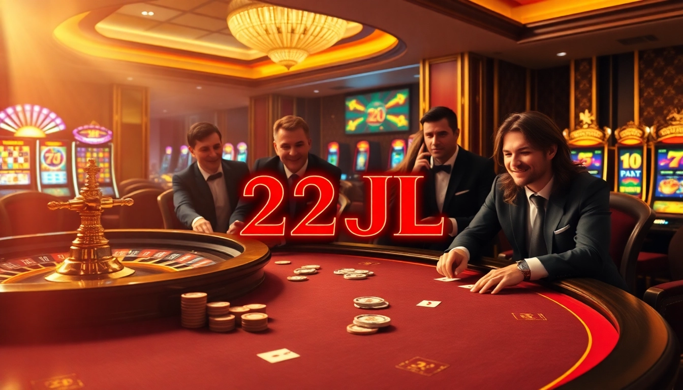 Gambling action at 22JL casino featuring poker chips, cards, and a roulette wheel.