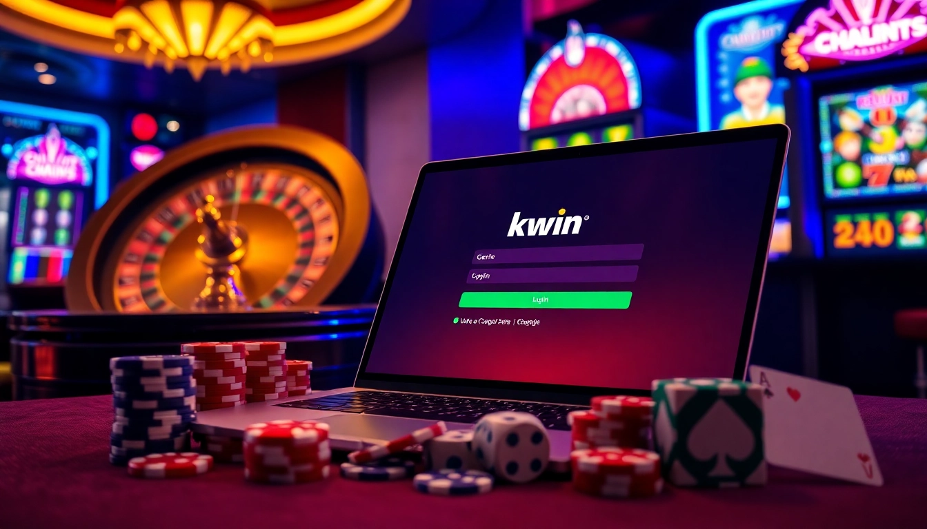 Access the Kwin platform through a sleek gambling interface showcasing vibrant poker chips and a roulette wheel.