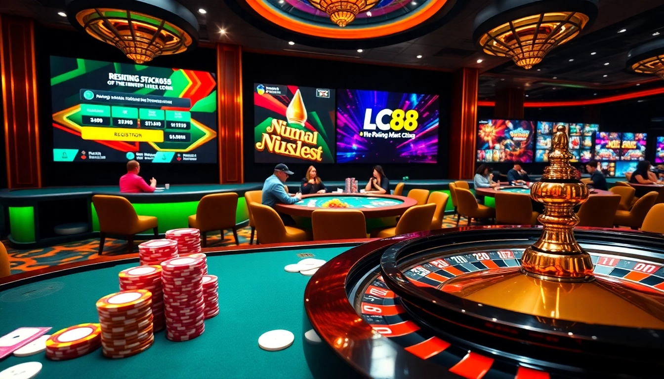 Experience the thrill of Đăng Ký LC88 in an upscale casino setting with poker chips and roulette.