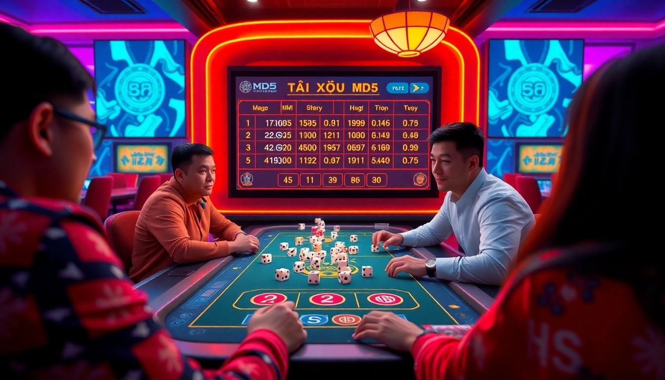 Tài Xỉu MD5 gameplay scene with players in an online casino featuring digital interface and vibrant graphics.