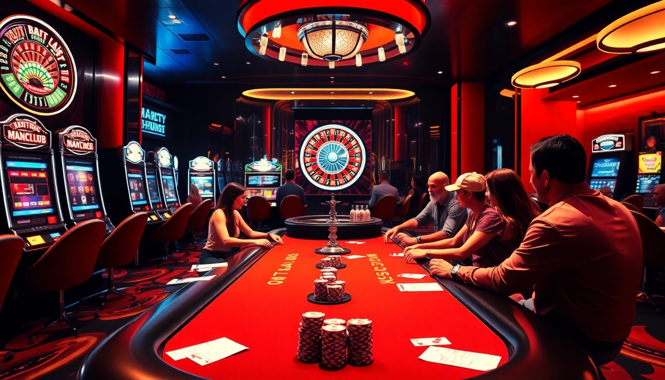 MANCLUB gaming lounge with luxury tables and vibrant slot machines creating excitement.