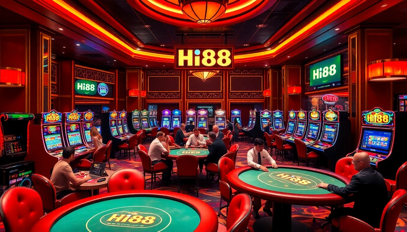 Experience exciting gameplay at Hi88's vibrant casino, featuring tables and slot machines.