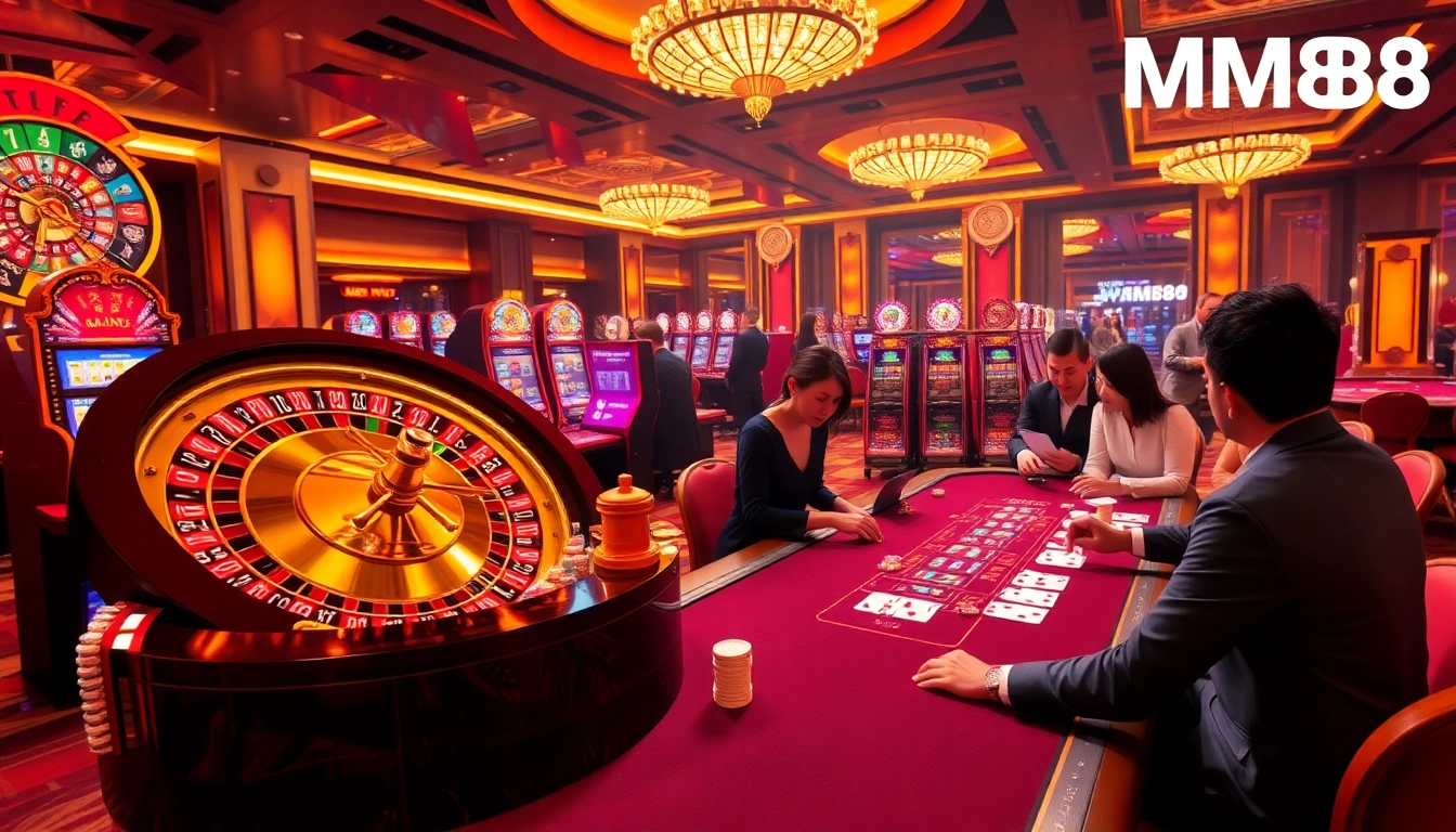 Engaging casino scene with MM88 elements showcasing poker, roulette, and slots.