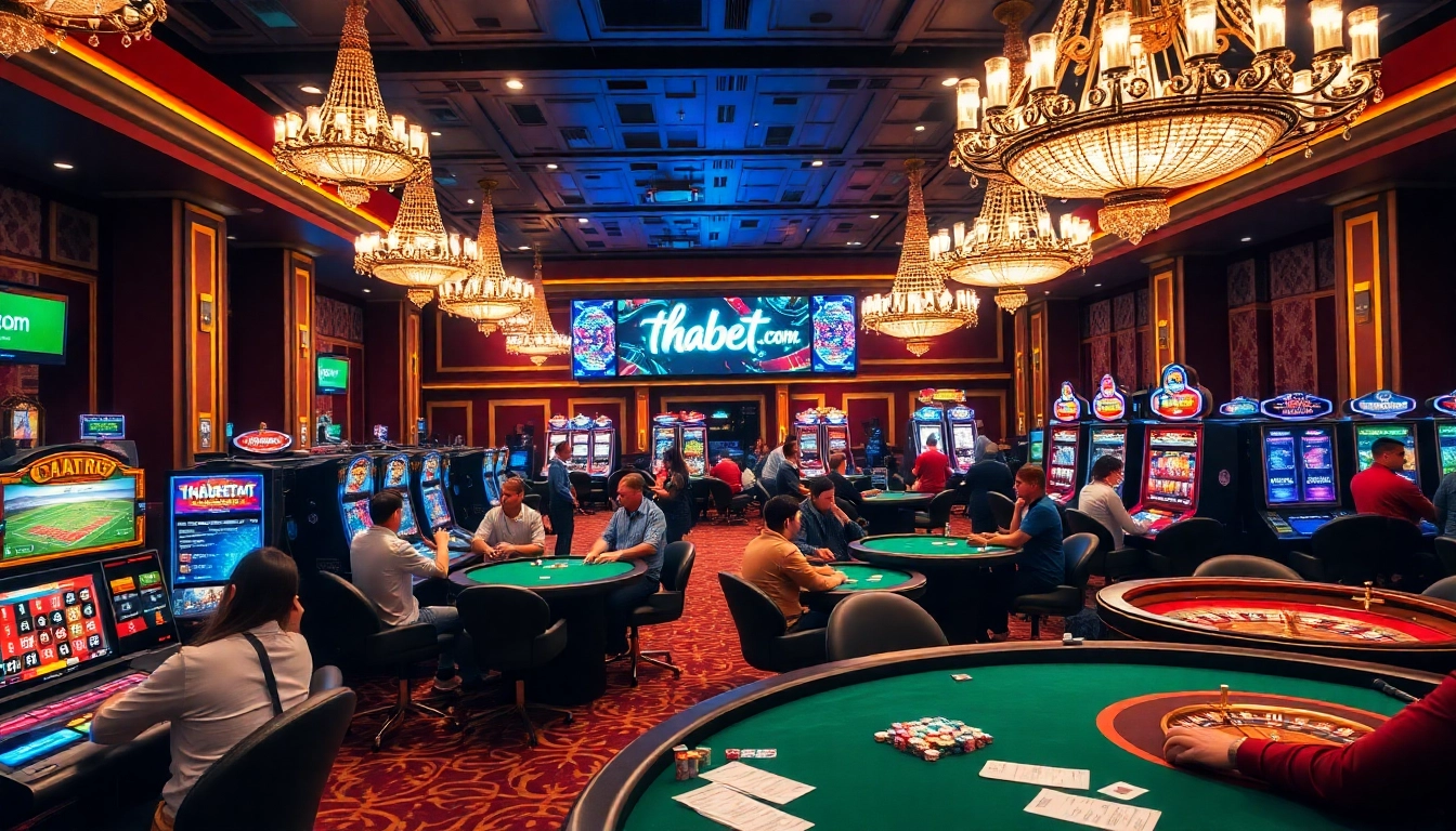 Engaged players enjoying games at thabet.com casino, surrounded by vibrant tables and chips.