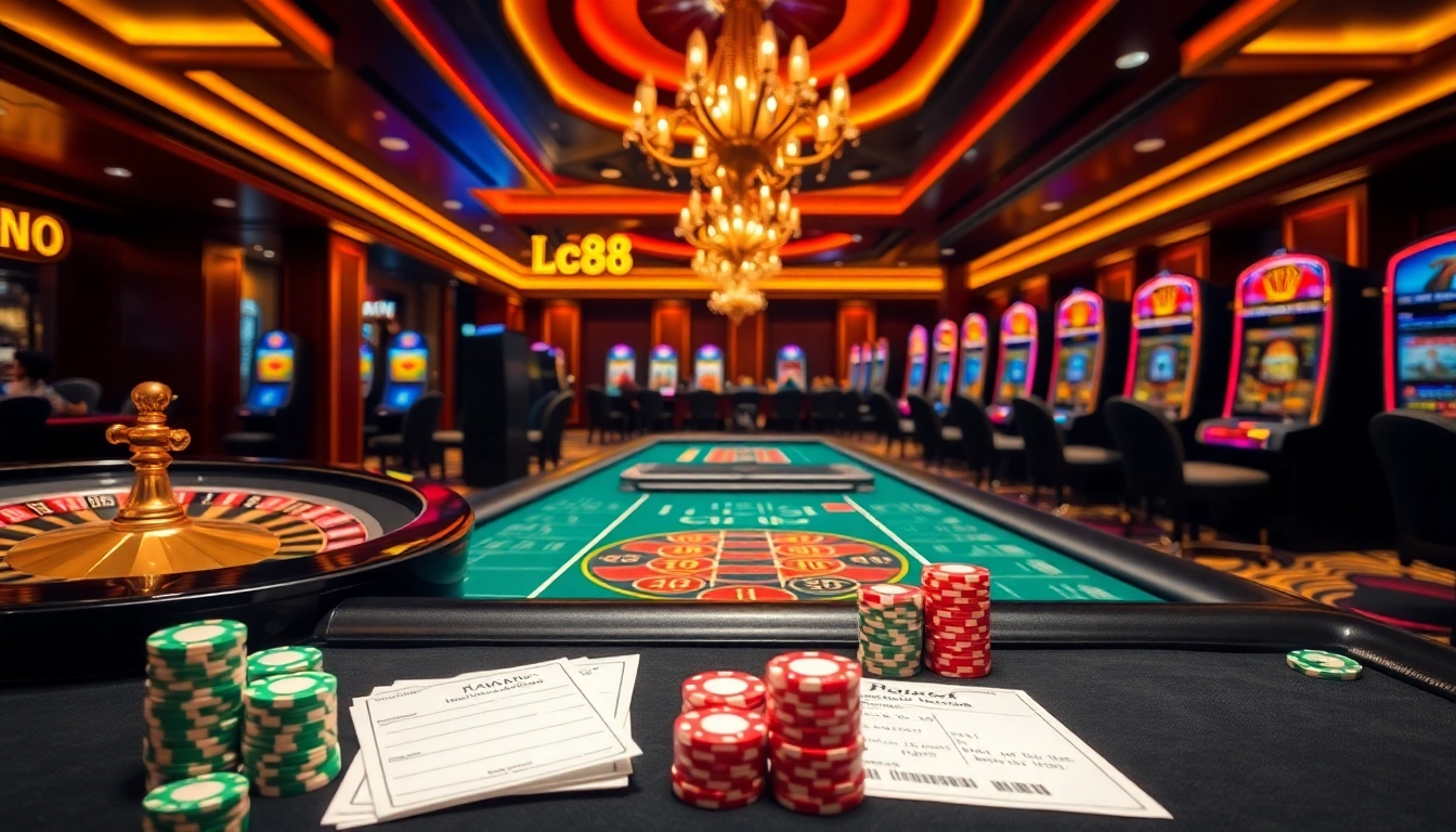 High-stakes gambling scene depicting Nhà cái uy tín Lc88 with poker chips and a roulette wheel.