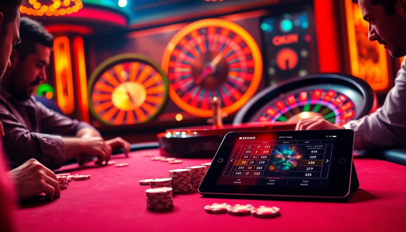 An exciting poker game setup at https://okfunb.com/ featuring chips, cards, and a roulette wheel enhancing the competitive atmosphere.