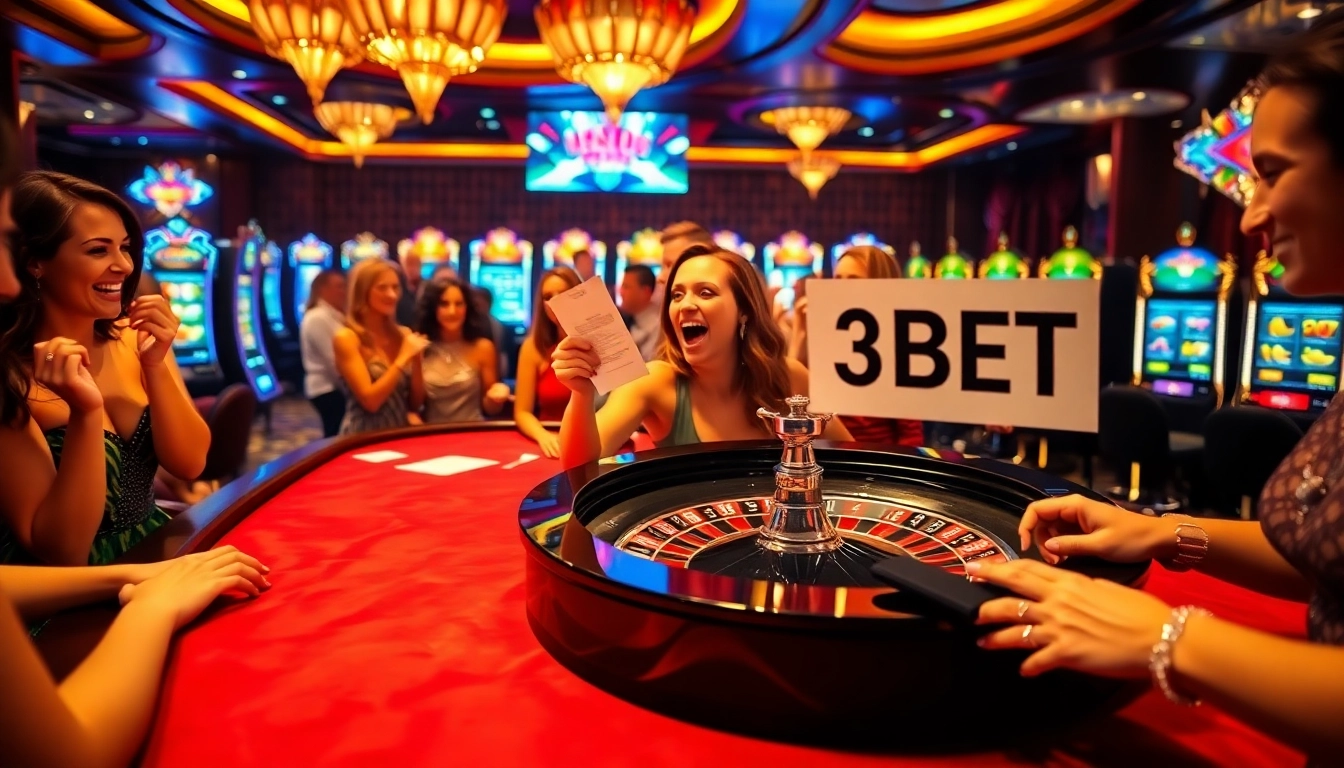 Players celebrating wins at a roulette table, featuring 39BET betting slips in a vibrant casino.