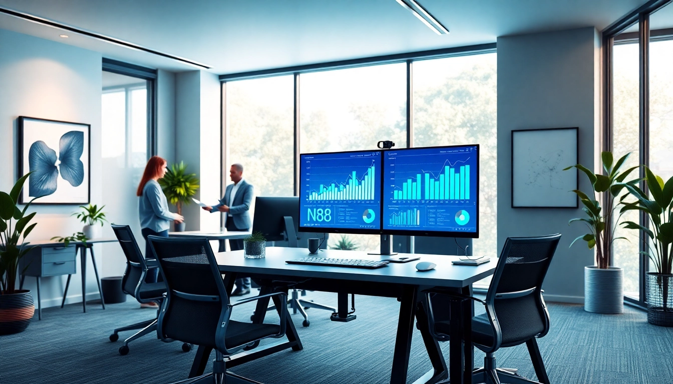 Dynamic modern office scene showcasing NK88 digital analytics, fostering innovation and collaboration.