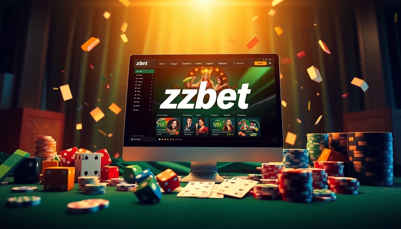Engaging online gambling interface with zbet, showcasing casino elements like dice, poker chips, and cards.