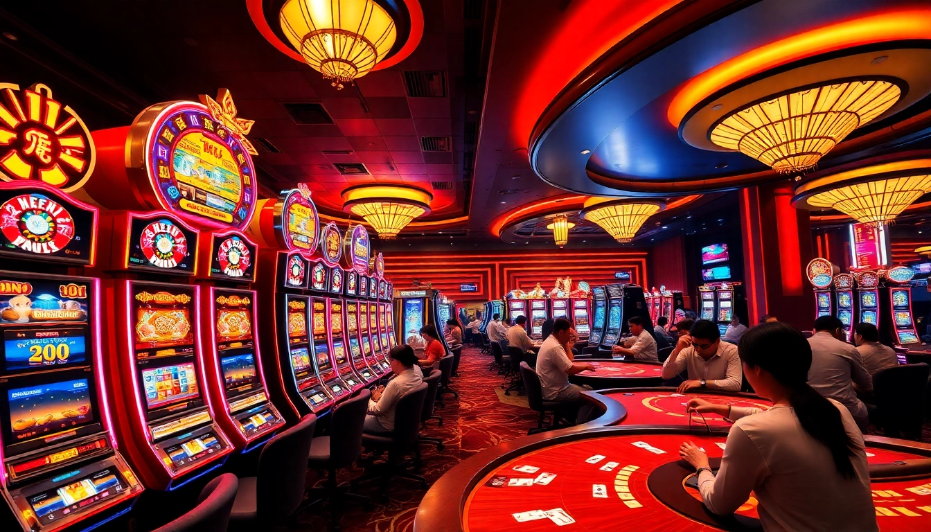 Experience the thrill of nổ hũ at a vibrant casino slot machine ensemble.