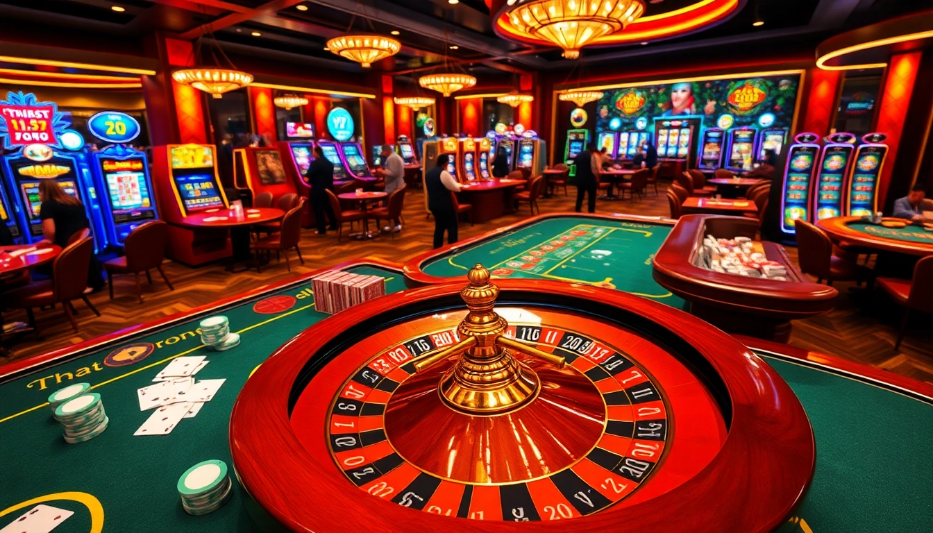 Exciting casino scene featuring rikvip gaming activities with vibrant tables and players engaged in winning.
