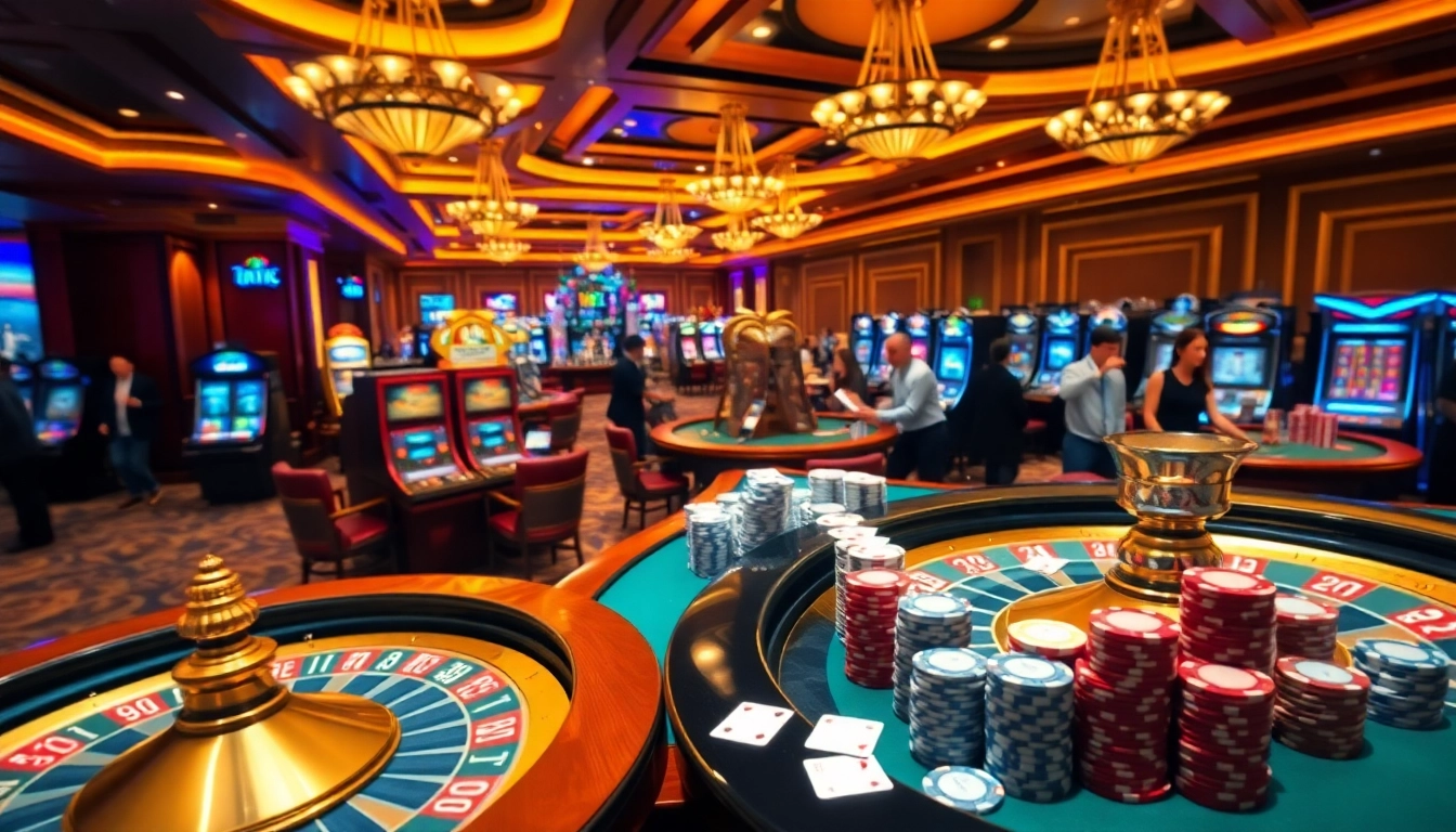 Experience thrilling gameplay at https://789bet.ac/ with vibrant tables and slot machines in a luxurious casino setting.