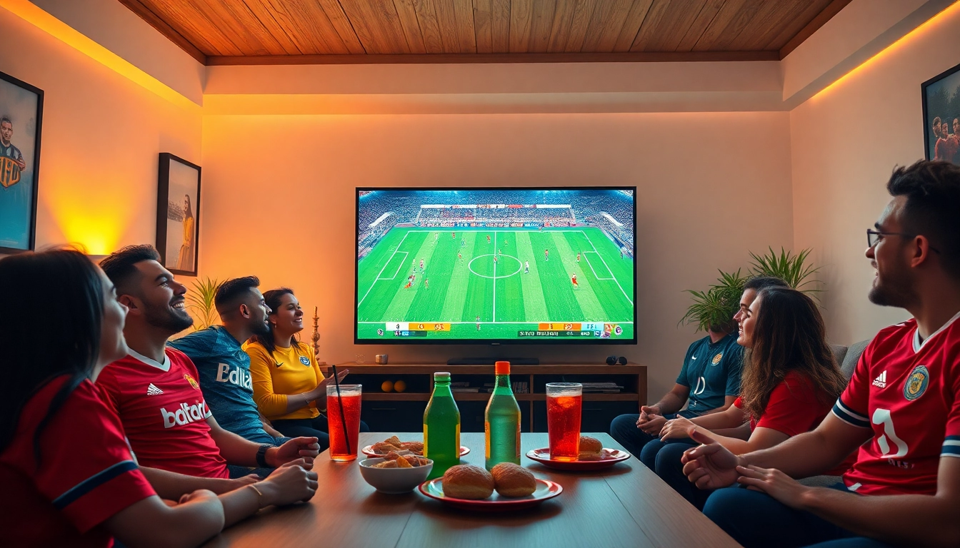 Excited fans enjoying a live football match streaming on joemadfan.com in a cozy home setting.