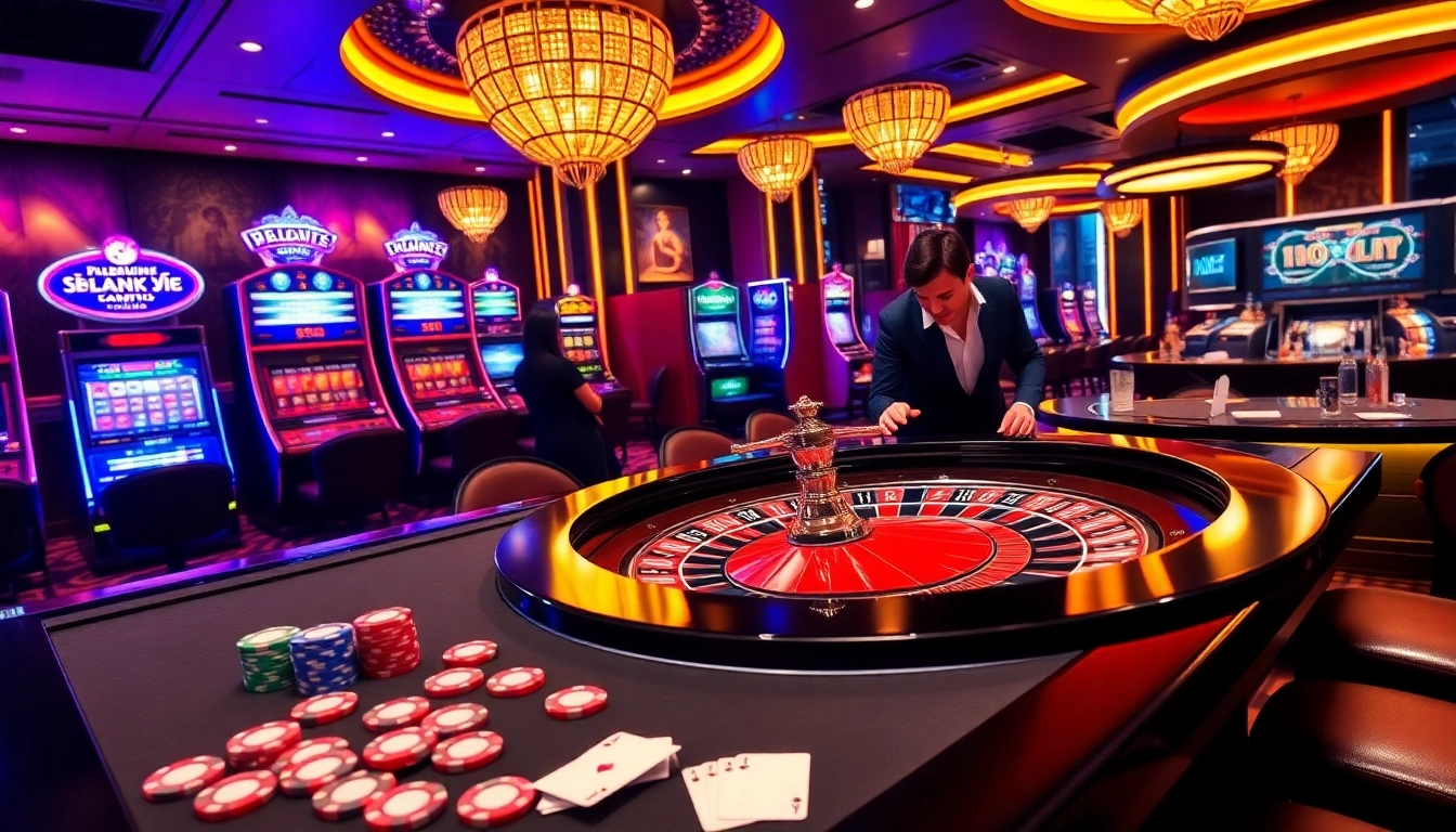 Experience the glamorous atmosphere of a casino featuring f168 law compliance, with vibrant roulette tables and exciting gameplay.
