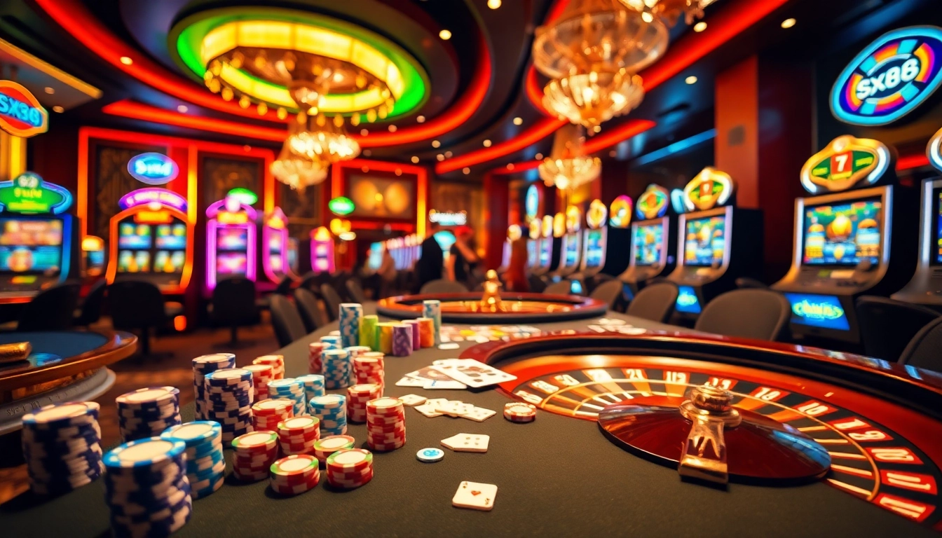 SX88 themed casino scene showcasing vibrant poker chips and a roulette wheel.