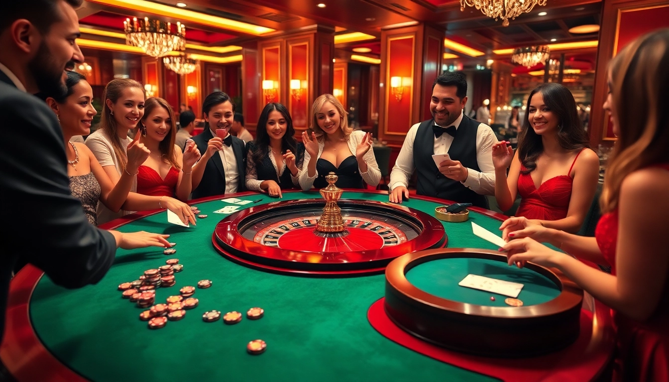 Exciting roulette game at fly88.deal with players and glossy tables.