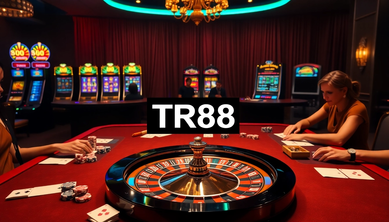 Excited gamblers engaging at the TR88 online casino table, with vibrant poker chips and roulette wheel.