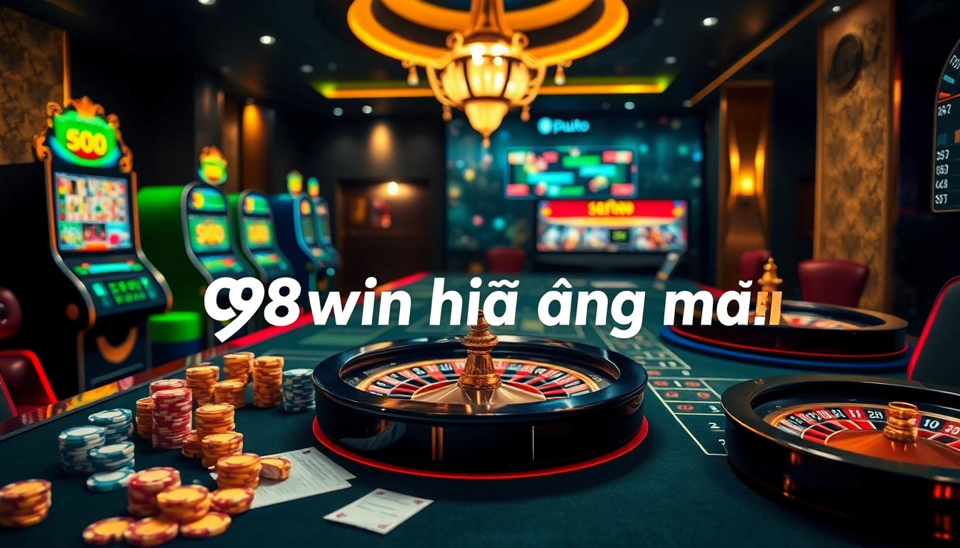 Experience excitement at 98win hiện đang mở with dynamic casino tables filled with chips and games.