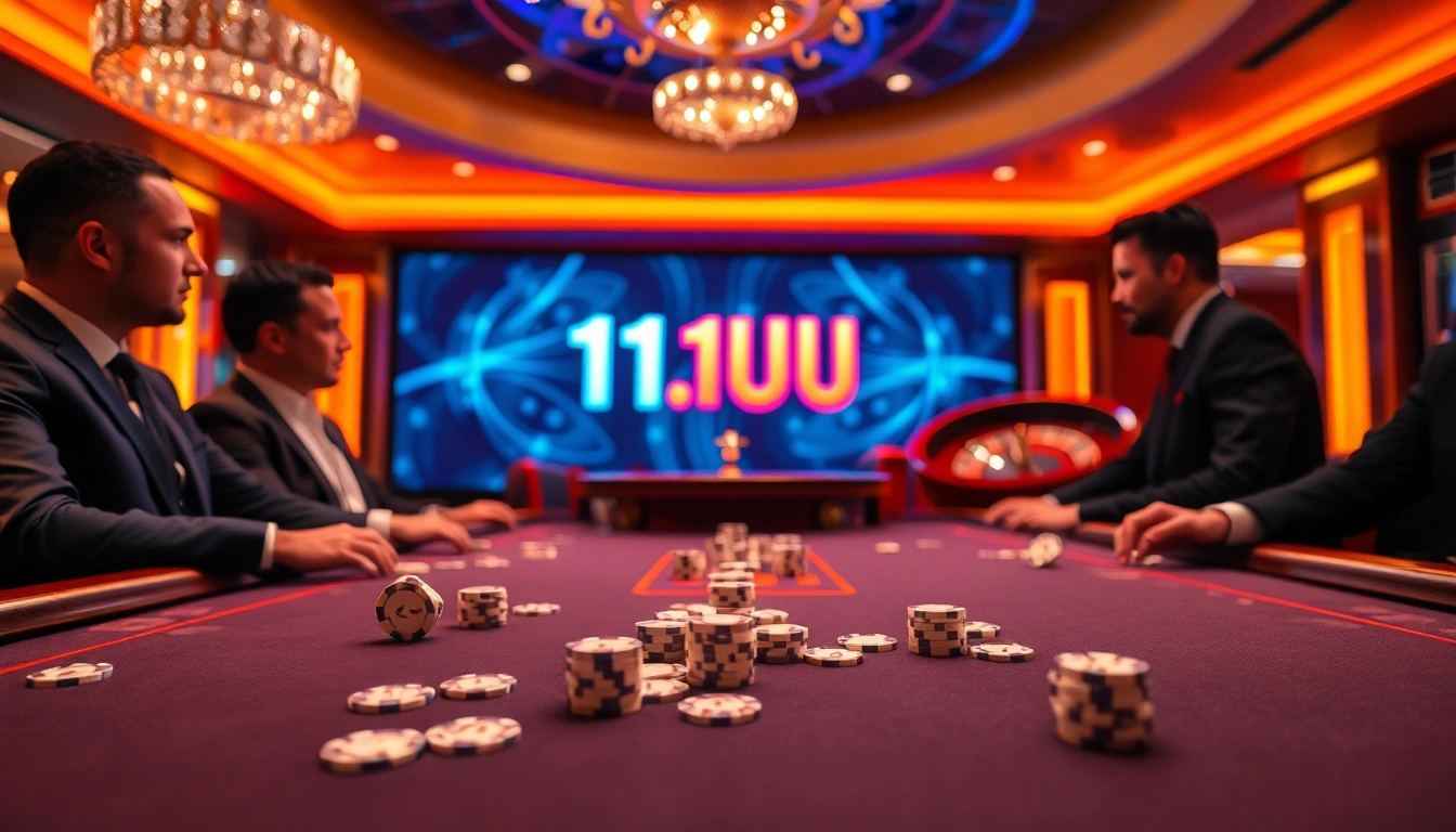 Intense poker action at a luxurious table with 11UU branding enhancing the gambling experience.