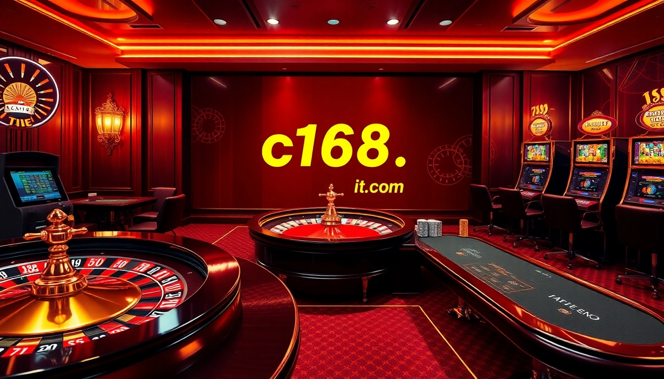 Experience thrilling gameplay at https://c168.it.com with vibrant casino elements like roulette wheels and poker chips.