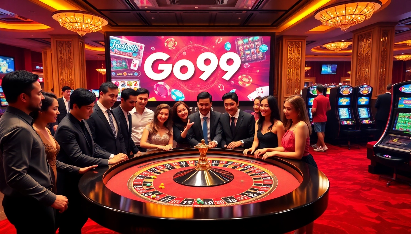 Players excitedly gather at the Go99 roulette table in a luxurious casino atmosphere.