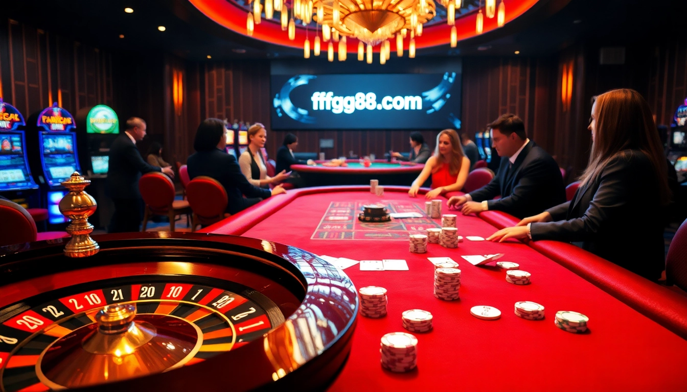 Experience the excitement of gaming at ffgg88.com with vibrant roulette and poker scenes.