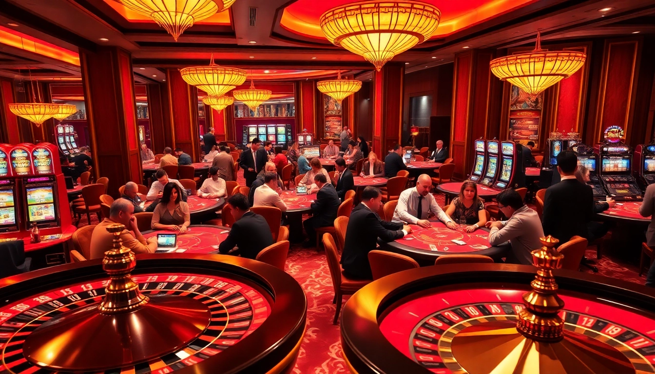 Players enjoying a thrilling poker game at xin88 casino, surrounded by vibrant casino lights.