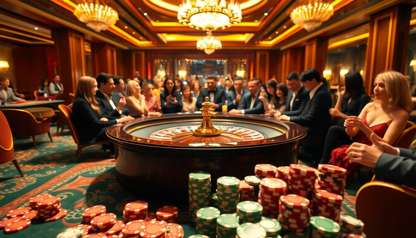 Players enjoying the excitement of gaming at a VSWIN casino, showcasing roulette and poker elements.
