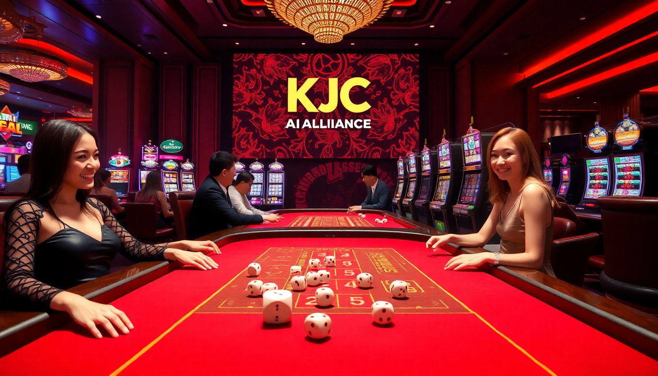 KJC promotes a vibrant casino gaming experience with players enjoying poker games and slot machines.