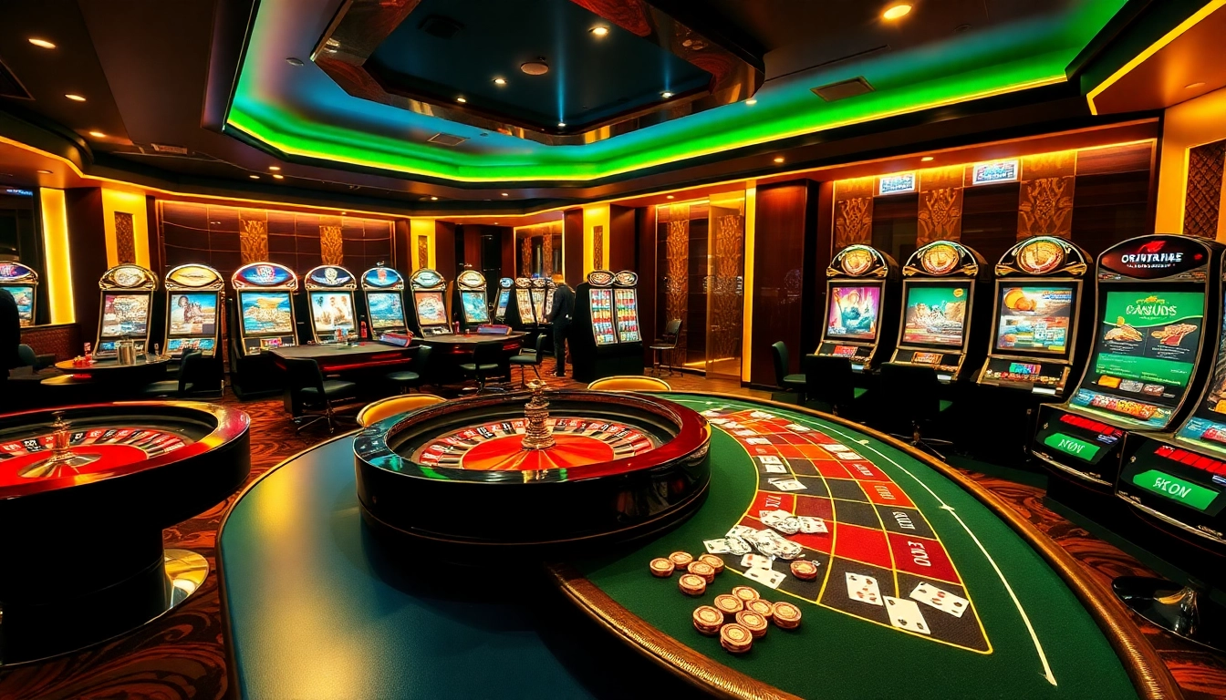 Engage in thrilling gameplay at TK88's luxurious casino with poker tables and vibrant slot machines.