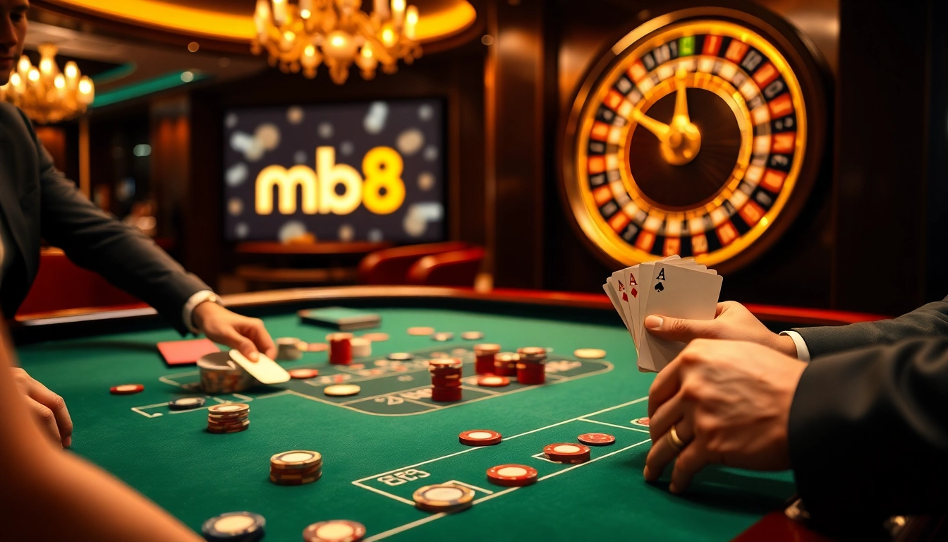 Exciting baccarat game at a luxurious casino featuring mb 88 betting chips and elegant players.