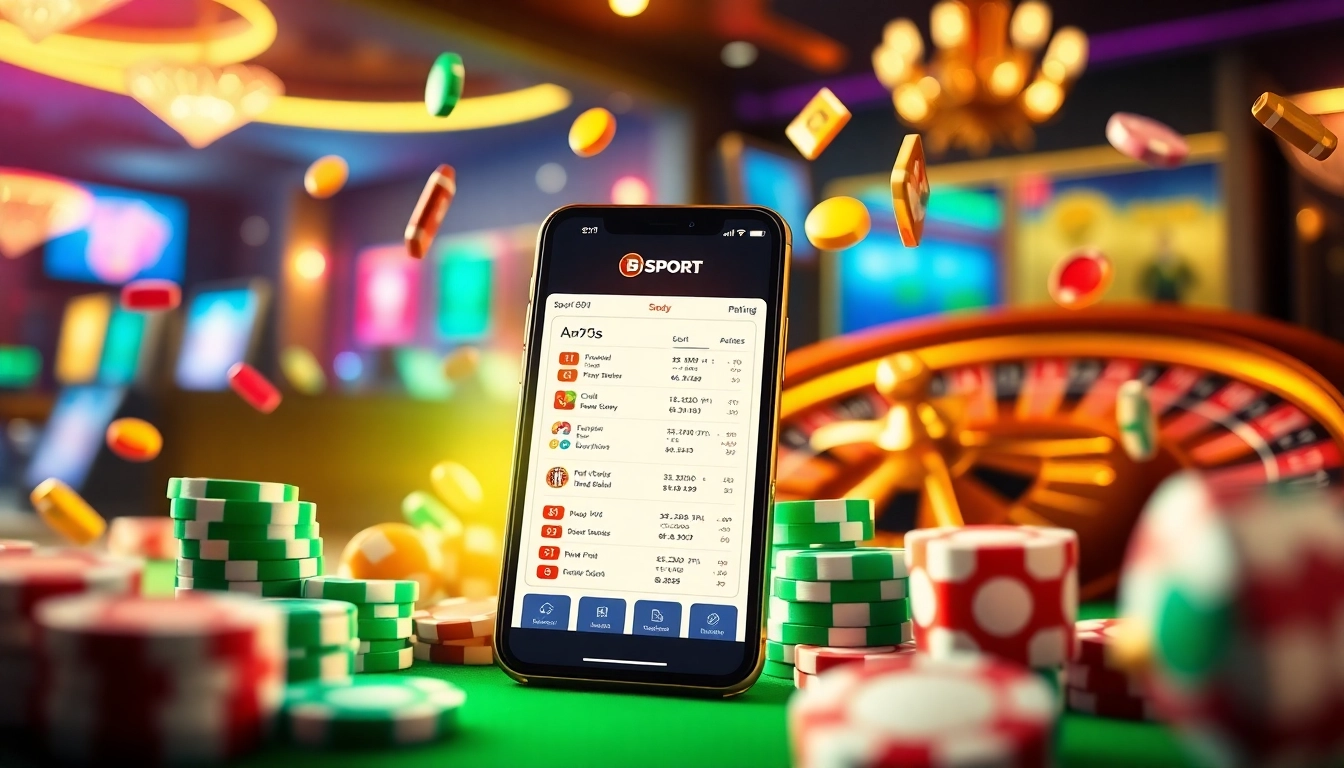 Experience betting excitement with the Bsport app featured among vibrant casino elements.