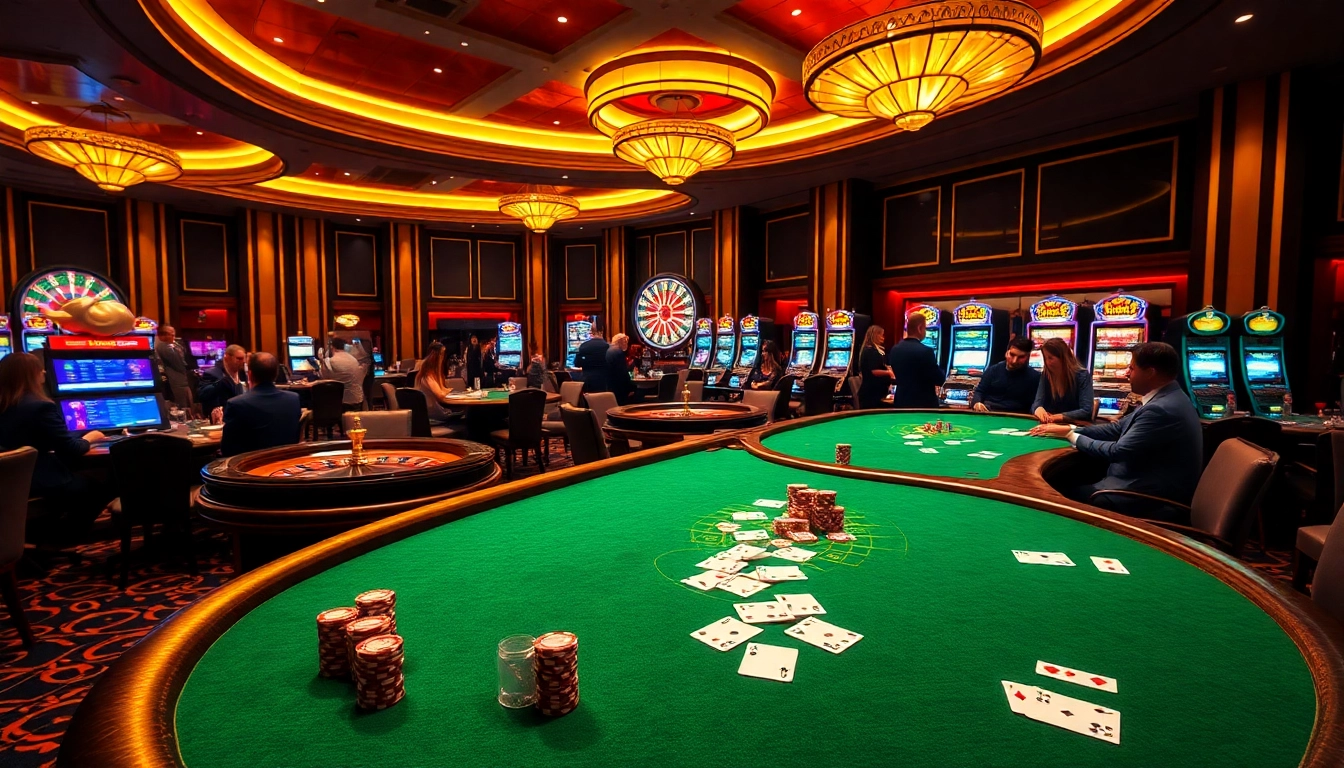 Players enjoying the excitement at https://uu88games.com/ with poker chips and cards in an upscale casino.
