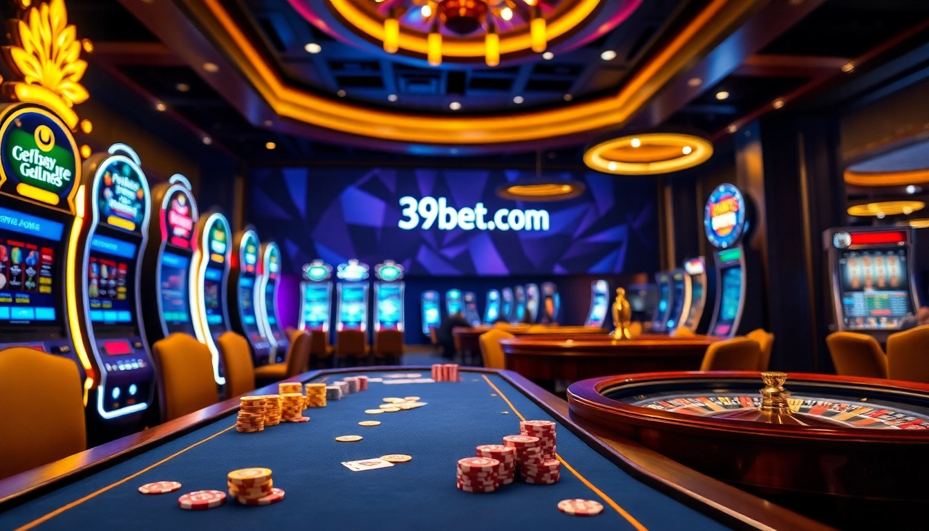Exciting casino atmosphere with vibrant games at 39bet.com, capturing luxury and thrill.