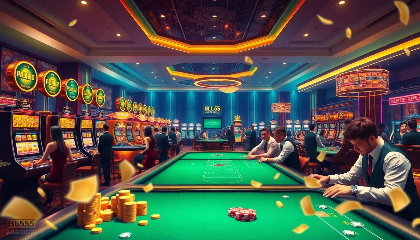 Engaging scene at Nhà cái BL555 showcasing players enjoying blackjack and slots in a luxurious casino atmosphere.
