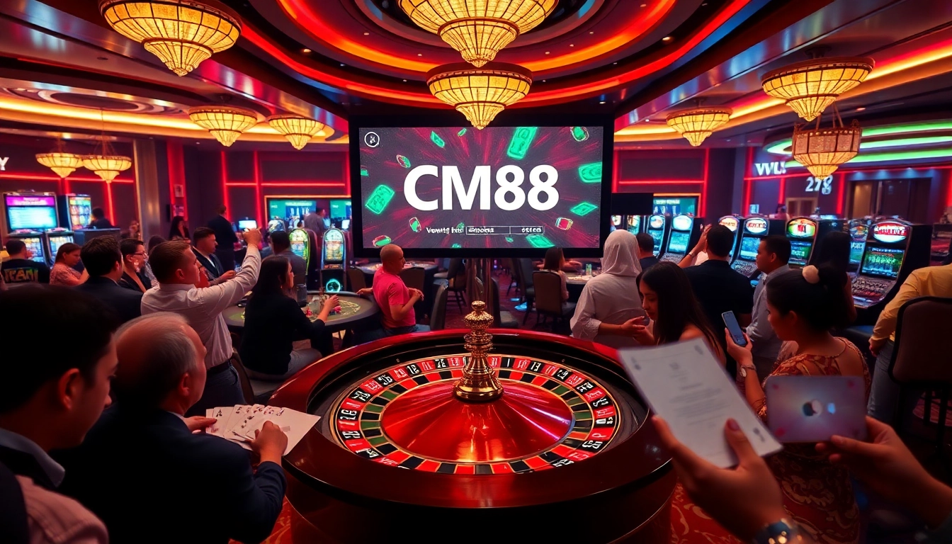 Players enjoying a thrilling gaming experience at CM88 Casino with poker chips and roulette wheel.