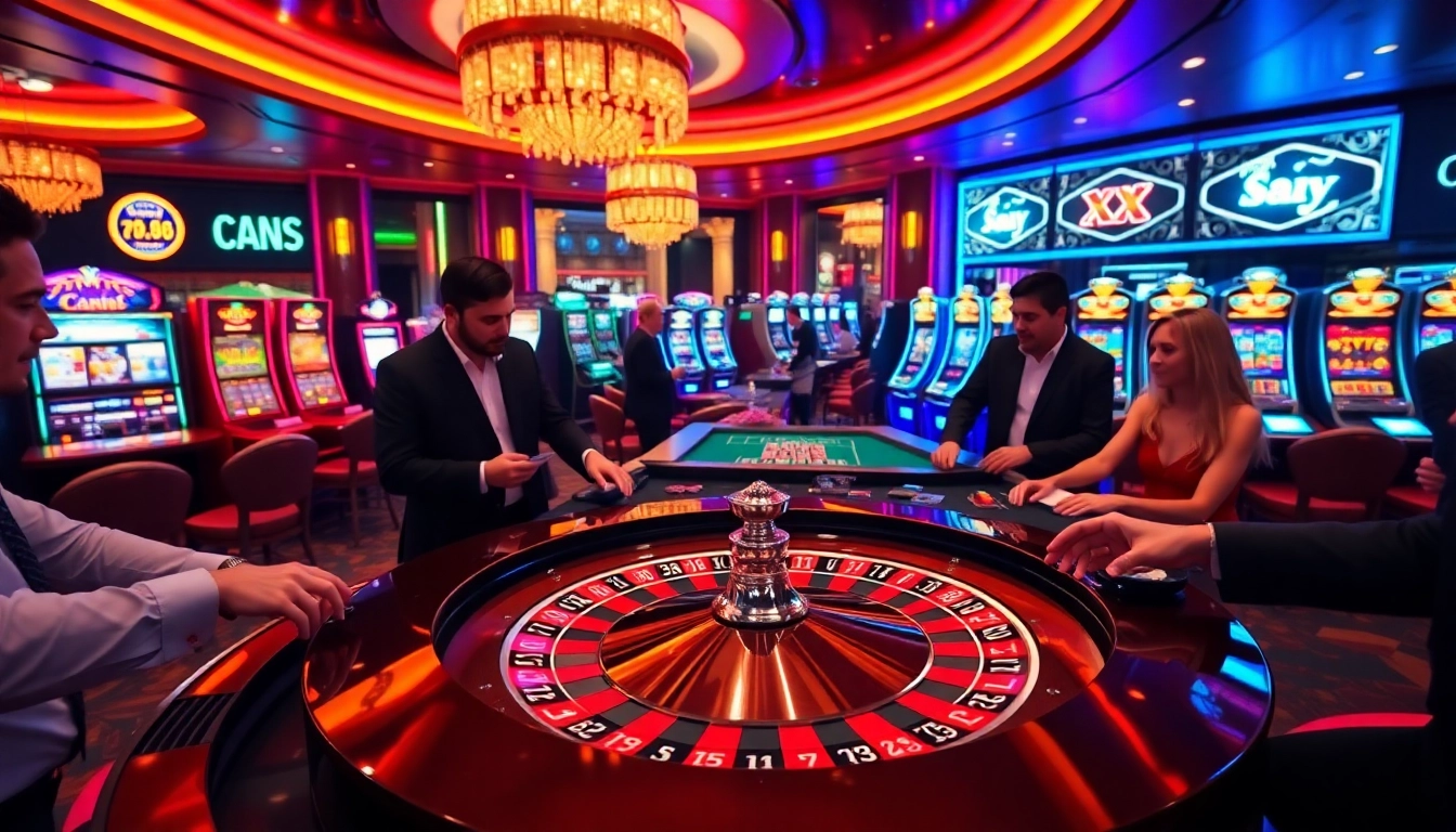 Betting excitement at XX 88 casino with players engaged at roulette and slot machines.