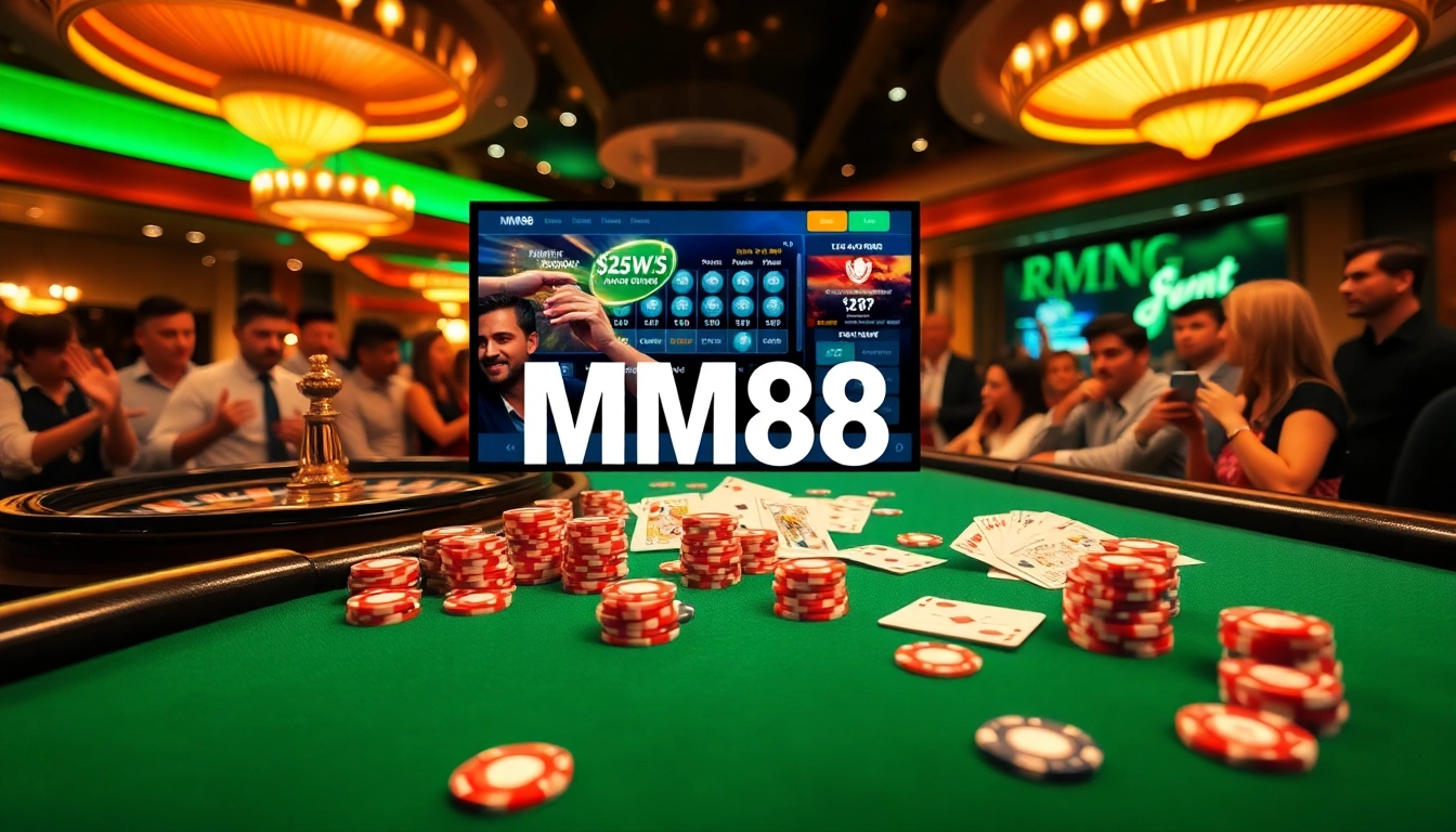 Engage with mm88 at an exhilarating online casino featuring vibrant tables, poker chips, and eager players.