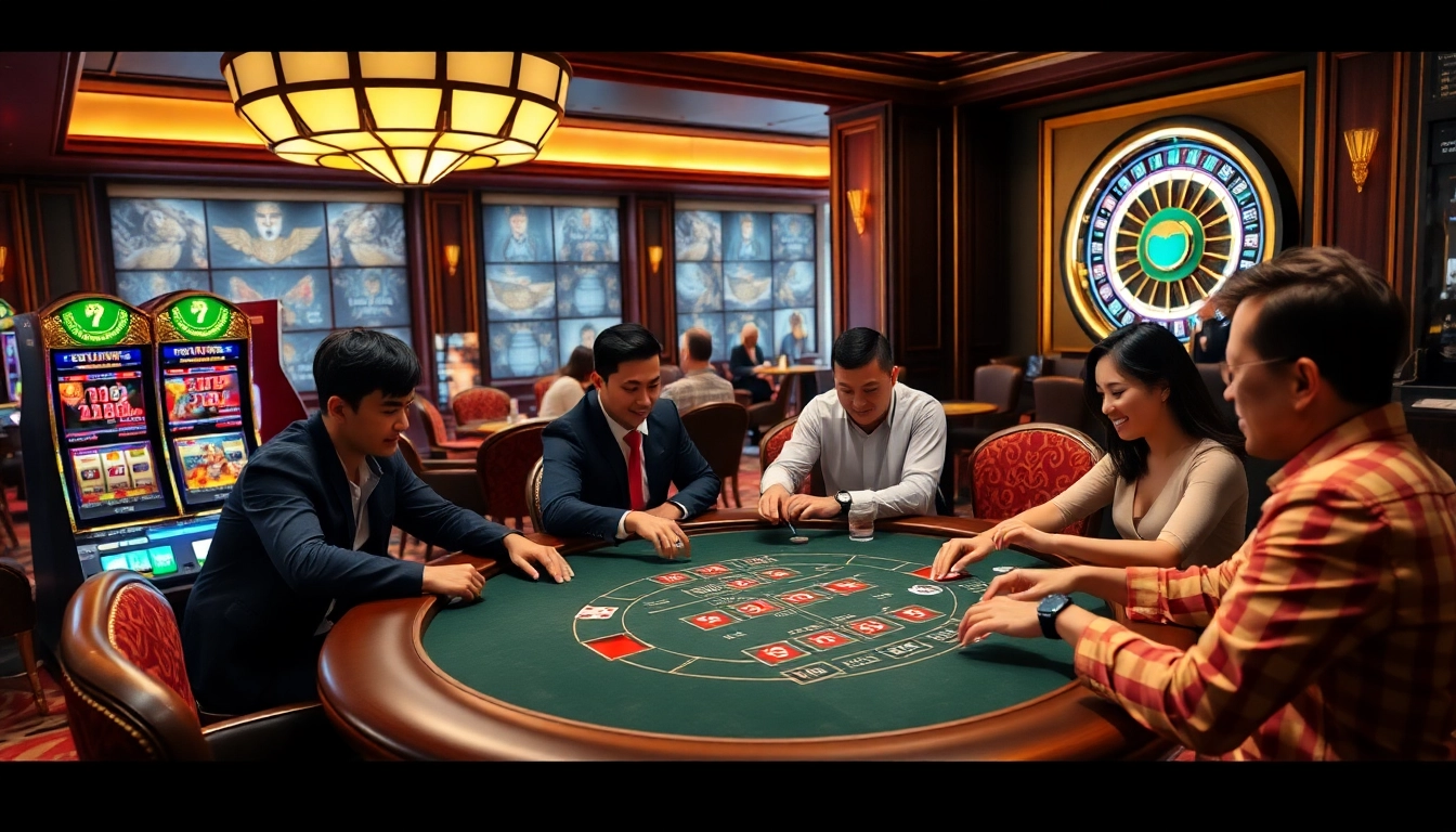 Engaged players celebrate their wins at a 789win casino table, surrounded by vibrant slot machines and a spinning roulette wheel.