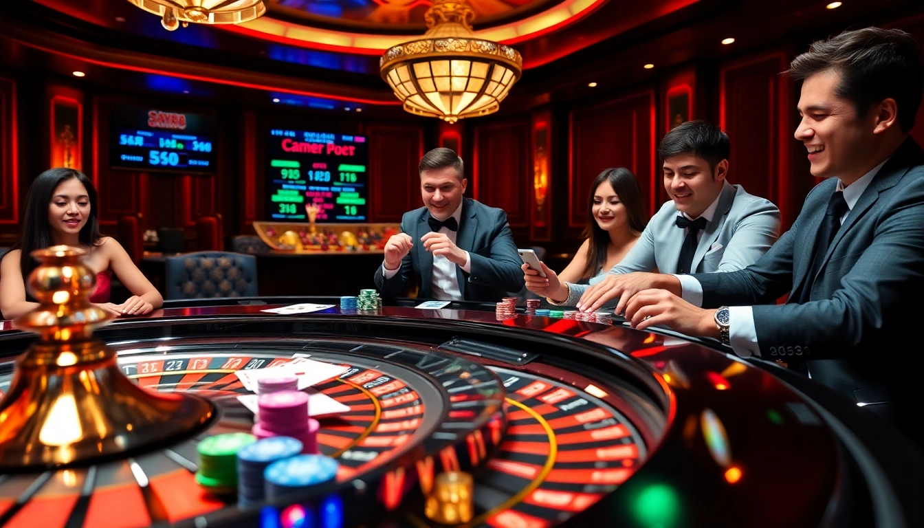 Engaging players at say88 nhà cái focus on the roulette wheel while betting chips on a poker table.